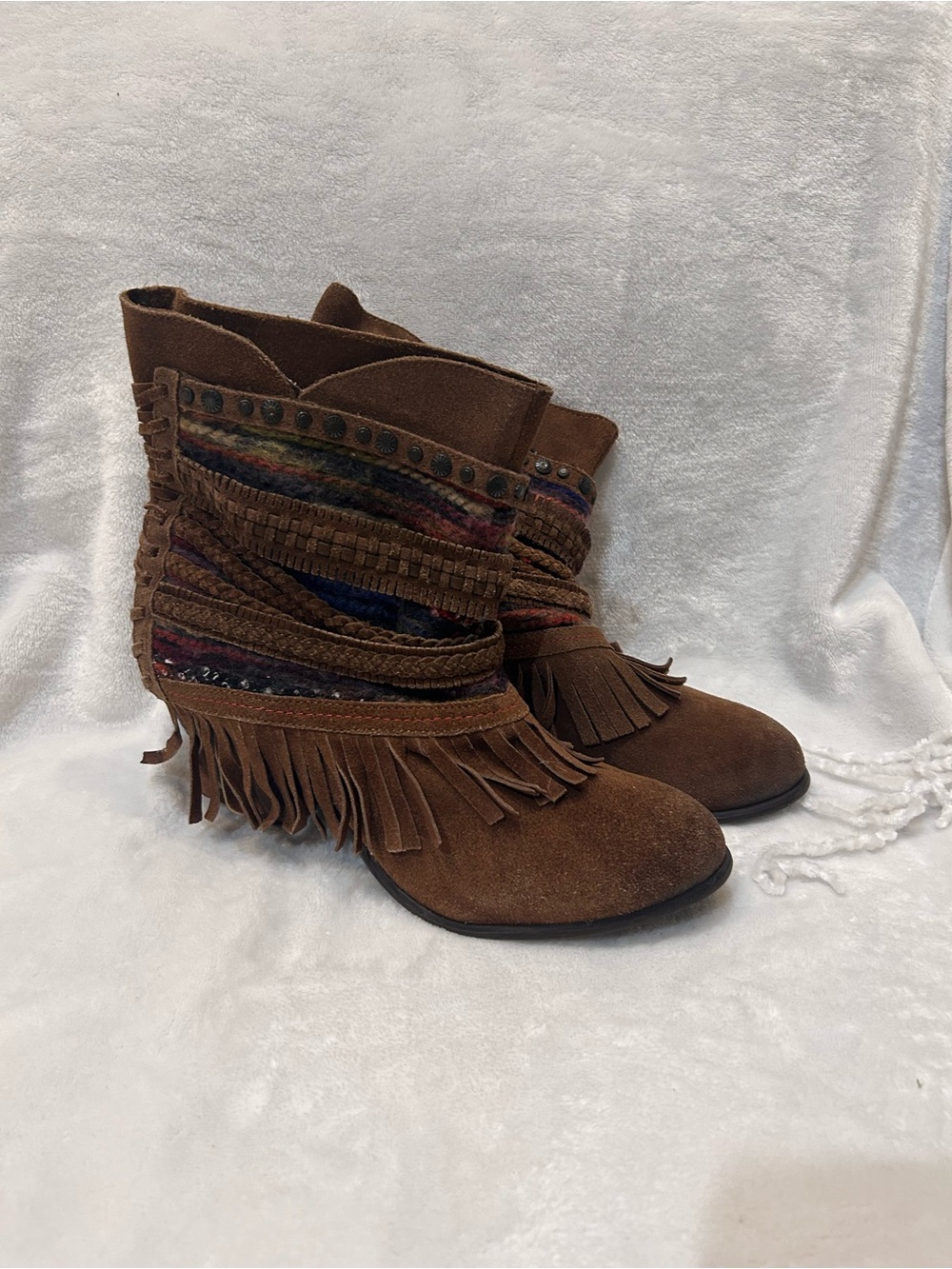 naughty monkey Brown Suede Fringe Ankle Boots with Braided & Woven Accents EUC